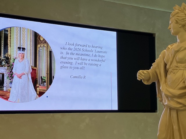 Screen displaying message from the Queen for Schools' Laureate